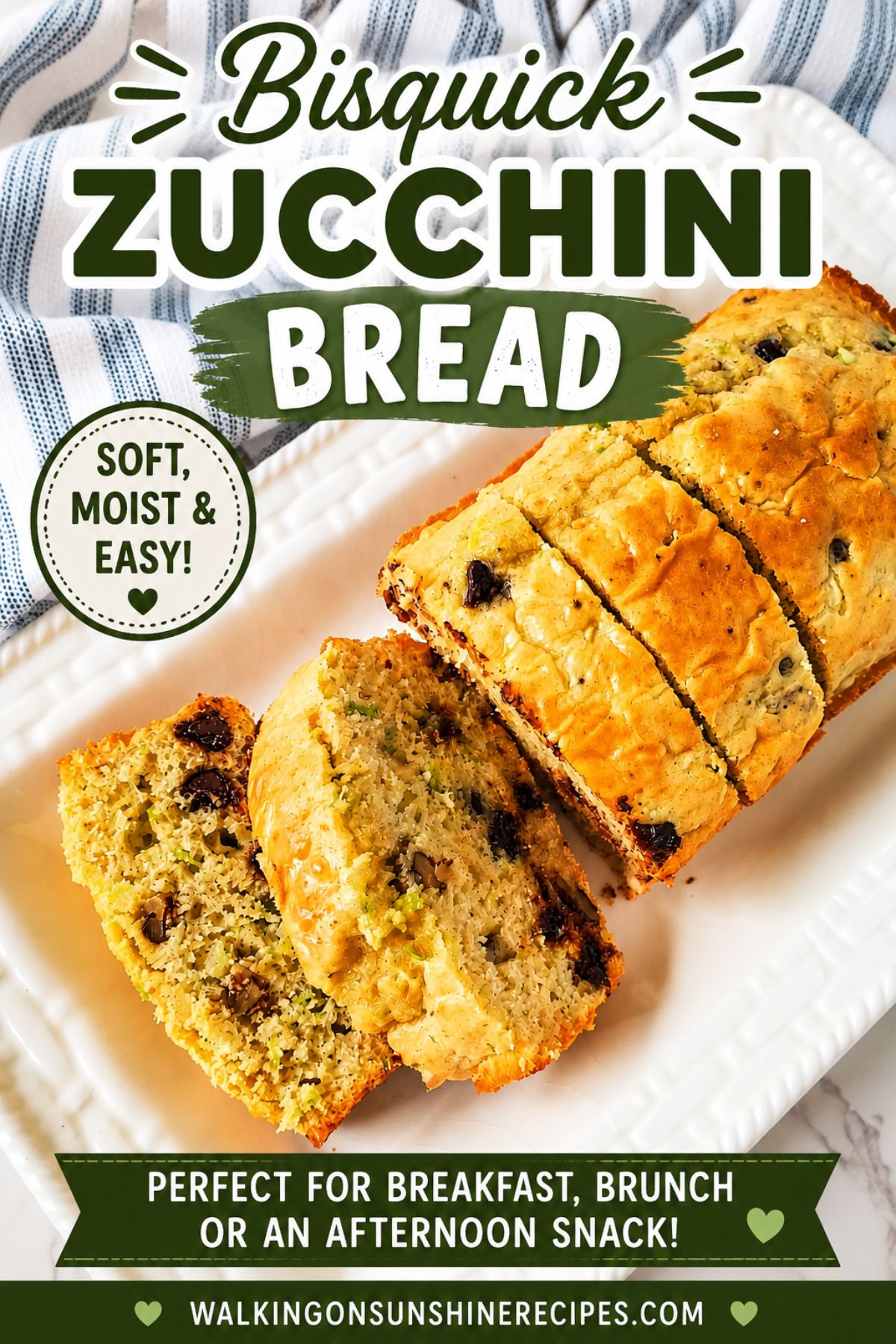 Bisquick zucchini bread Pinterest pin featuring sliced zucchini bread with chocolate chips and walnuts on a white platter with recipe title overlay.