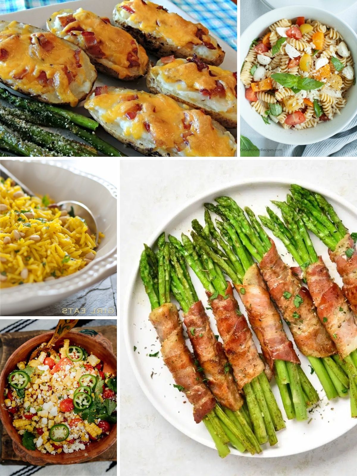 Collage of delicious side dishes for chicken cutlets featuring twice baked potatoes, bacon-wrapped asparagus, pasta salad, golden rice pilaf, and Mexican street corn salad.