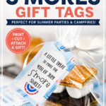 Pinterest graphic featuring free printable S'mores gift tags for summer party favors with a photo of a homemade s'mores kit wrapped in a cellophane bag and text promoting the free printable download.