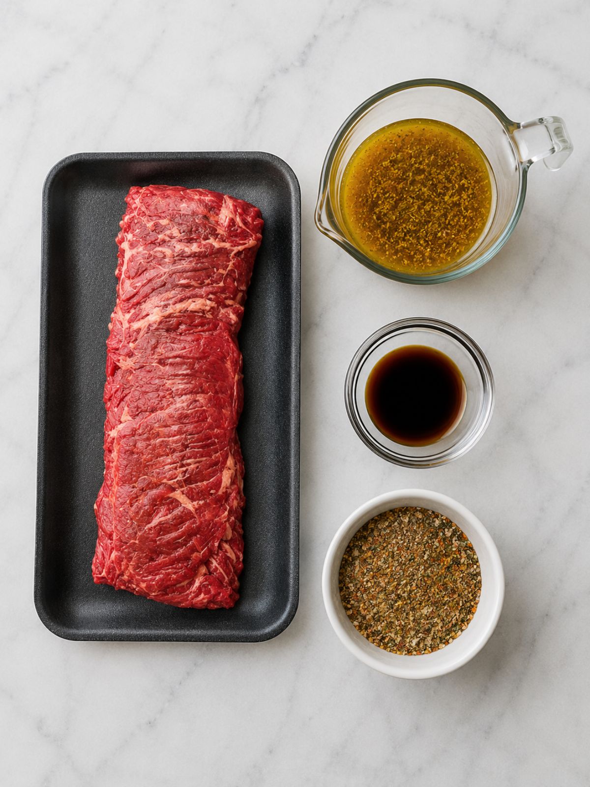 Ingredients for how to prepare skirt steak for grilling including Italian dressing, Worcestershire sauce, and steak seasoning in bowls.