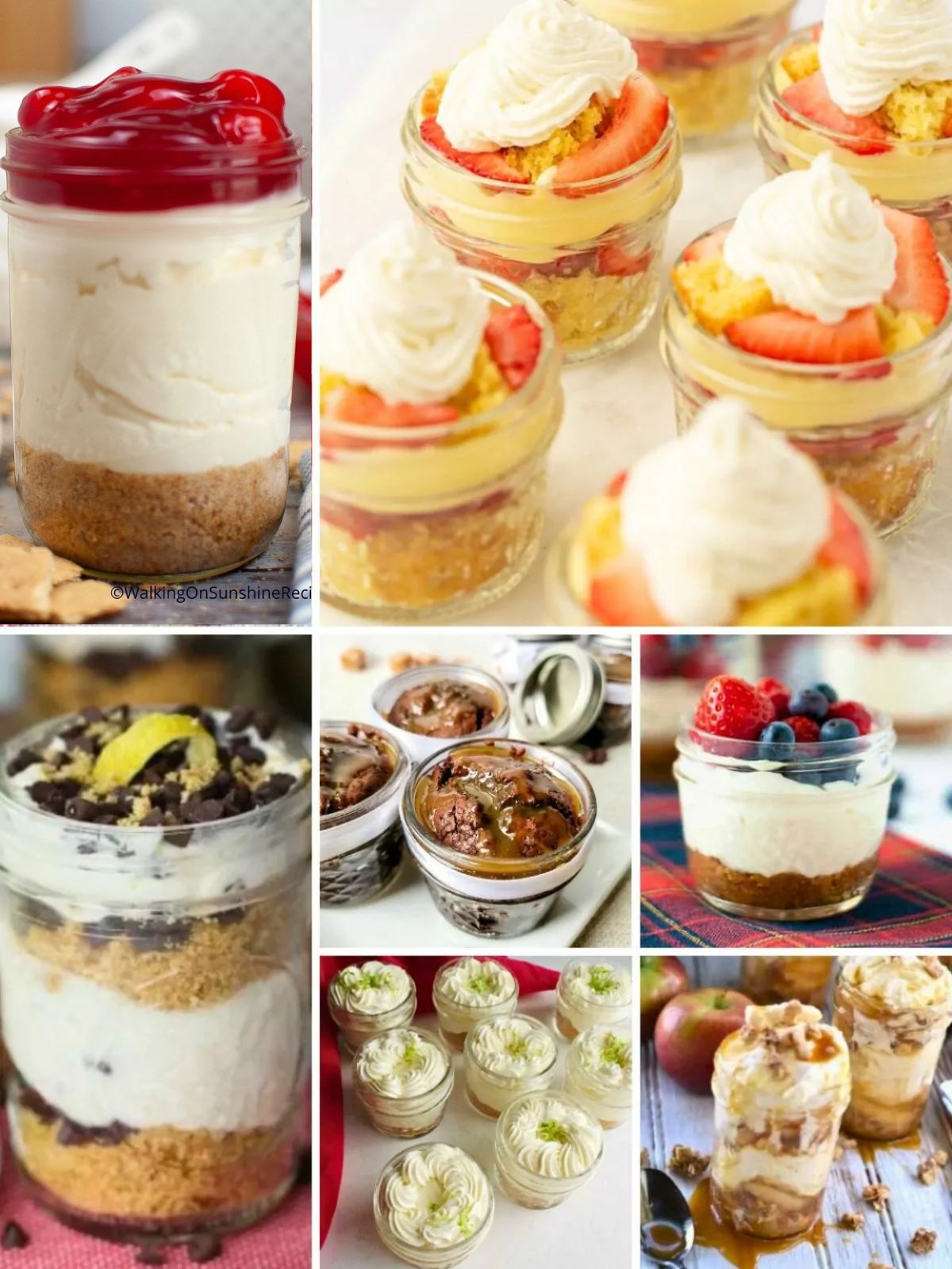 Collection of mason jar desserts for weddings and bridal showers including cheesecake jars, strawberry shortcake, brownie desserts, fruit parfaits, and no-bake treats served in individual mason jars.