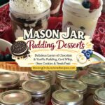 Pinterest pin featuring chocolate and vanilla mason jar pudding desserts layered with Cool Whip, Oreo cookies, fresh strawberries, blueberries, and bananas, topped with whipped cream.