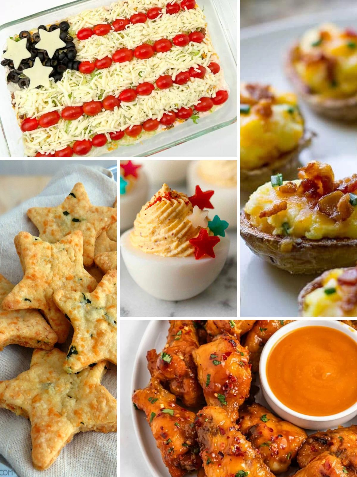 Fourth of July appetizer collage with patriotic taco salad, deviled eggs, cheddar star bites, twice-baked potato appetizers, and honey garlic chicken wings for holiday entertaining.