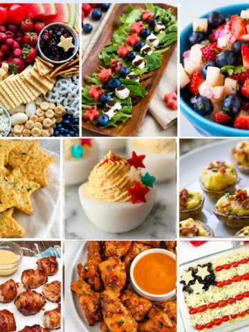 Patriotic appetizer collage featuring a Fourth of July charcuterie board, watermelon and berry skewers, fruit salsa, cheesy star-shaped crackers, festive deviled eggs, mini twice-baked potatoes, bacon-wrapped jalapeño poppers, honey garlic wings, and an American flag taco salad.