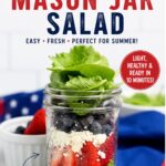 Pinterest graphic featuring a patriotic mason jar salad layered with strawberries, feta cheese, blueberries, and spring greens, with text overlay reading Easy Red White and Blue Mason Jar Salad.
