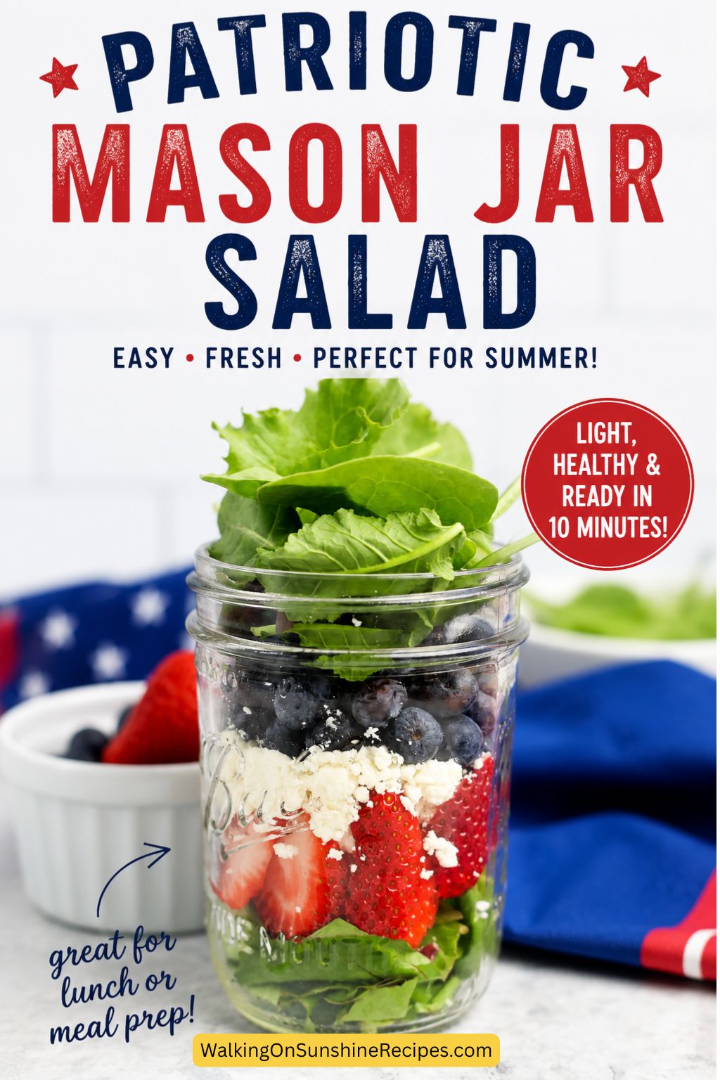 Pinterest graphic featuring a patriotic mason jar salad layered with strawberries, feta cheese, blueberries, and spring greens, with text overlay reading Easy Red White and Blue Mason Jar Salad.
