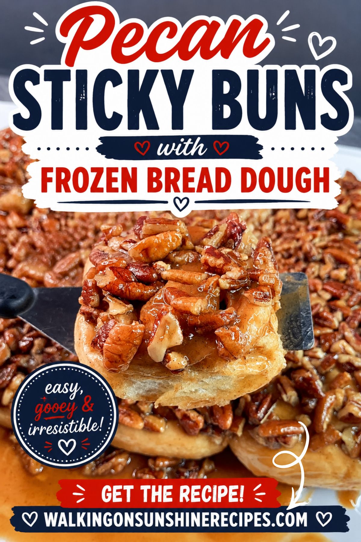 Close-up of a warm pecan sticky bun made with frozen bread dough, covered in gooey caramel sauce and chopped pecans, lifted from the baking dish with a spatula.