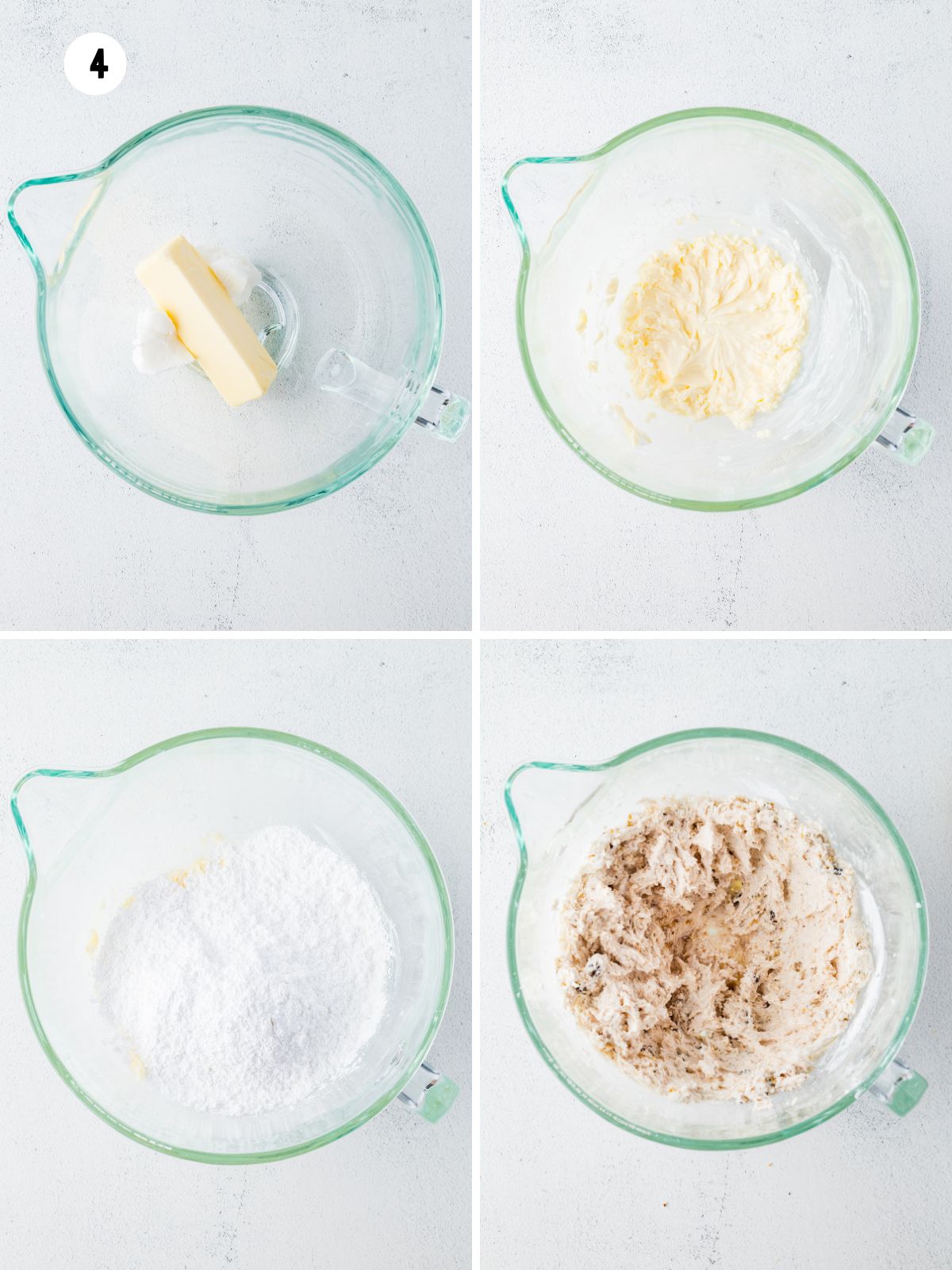 Step-by-step photos showing how to prepare frosting by creaming butter, adding powdered sugar, and mixing in cake crumbs for mason jar chocolate chip cakes.