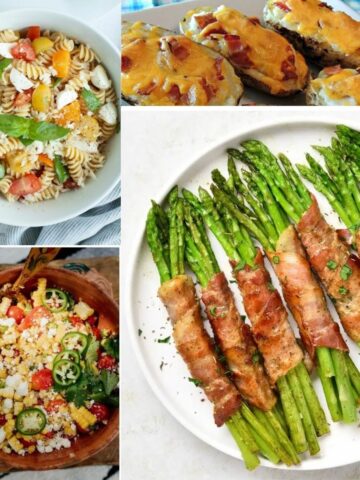 Collage of easy side dishes to serve with chicken cutlets including bacon wrapped asparagus, twice baked potatoes, pasta salad, and Mexican street corn salad.