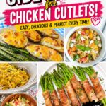 Pinterest graphic featuring the best side dishes for chicken cutlets including twice baked potatoes, bacon wrapped asparagus, pasta salad, golden rice pilaf, and Mexican street corn salad with the title The Best Side Dishes for Chicken Cutlets.