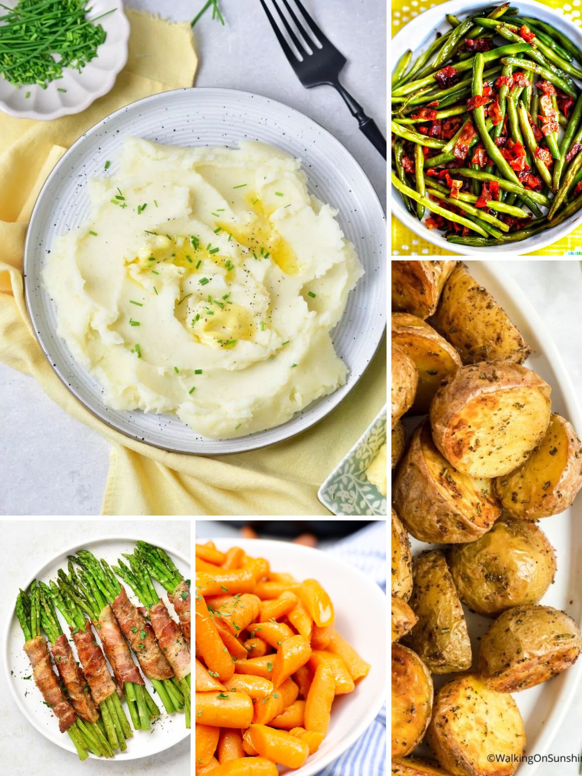 Collage of easy side dishes for chicken cutlets including creamy mashed potatoes, roasted baby potatoes, bacon green beans, bacon-wrapped asparagus, and glazed carrots.