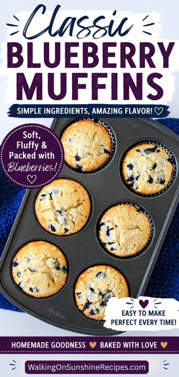 baked blueberry muffins in baking pan with text overlay for Pinterest graphic.
