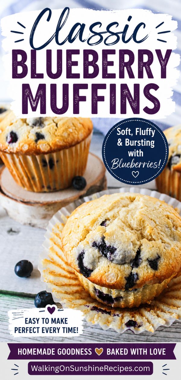 photo of blueberry muffins baked on cutting board with text overlays for Pinterest photo.