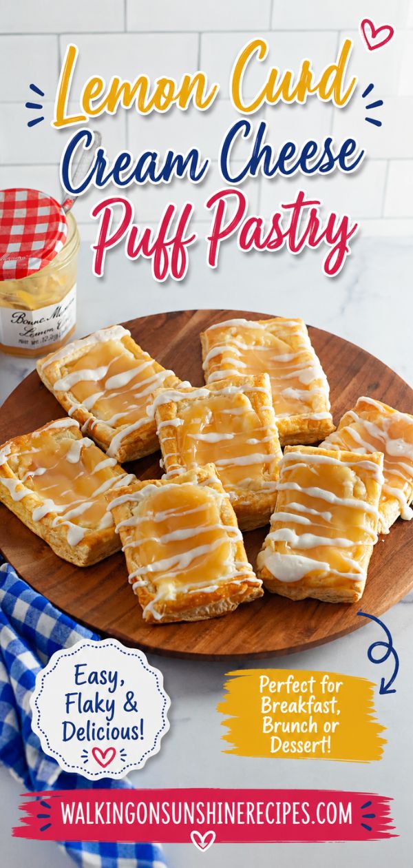 Easy Lemon Curd Cream Cheese Puff Pastry made with flaky puff pastry, creamy cheesecake filling, tangy lemon curd, and a sweet icing drizzle.
