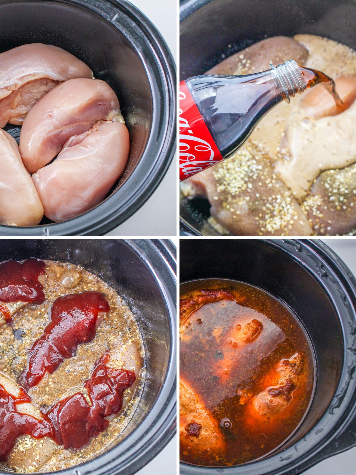 Chicken breasts in crock pot with barbecue sauce and soda.