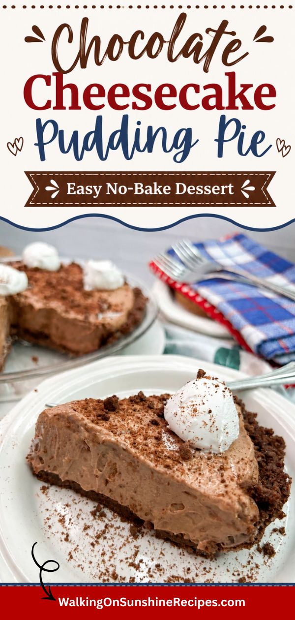 piece of no bake chocolate cheesecake pudding pie on a white plate with the full pie in the background.