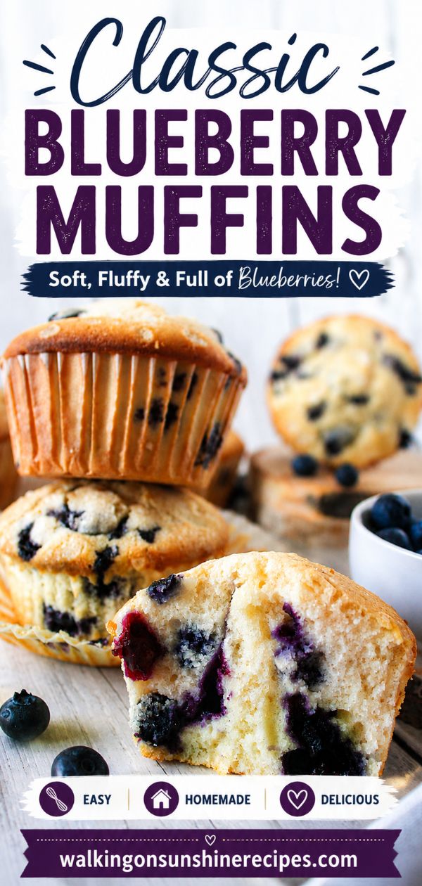 photo of stacked blueberry muffins with one cut open muffin showing the inside with text overlay for a pinterest photo.