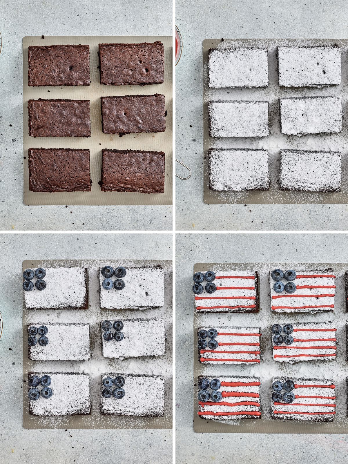 Step-by-step collage showing how to decorate American Flag Brownies with powdered sugar, blueberries, and red icing.