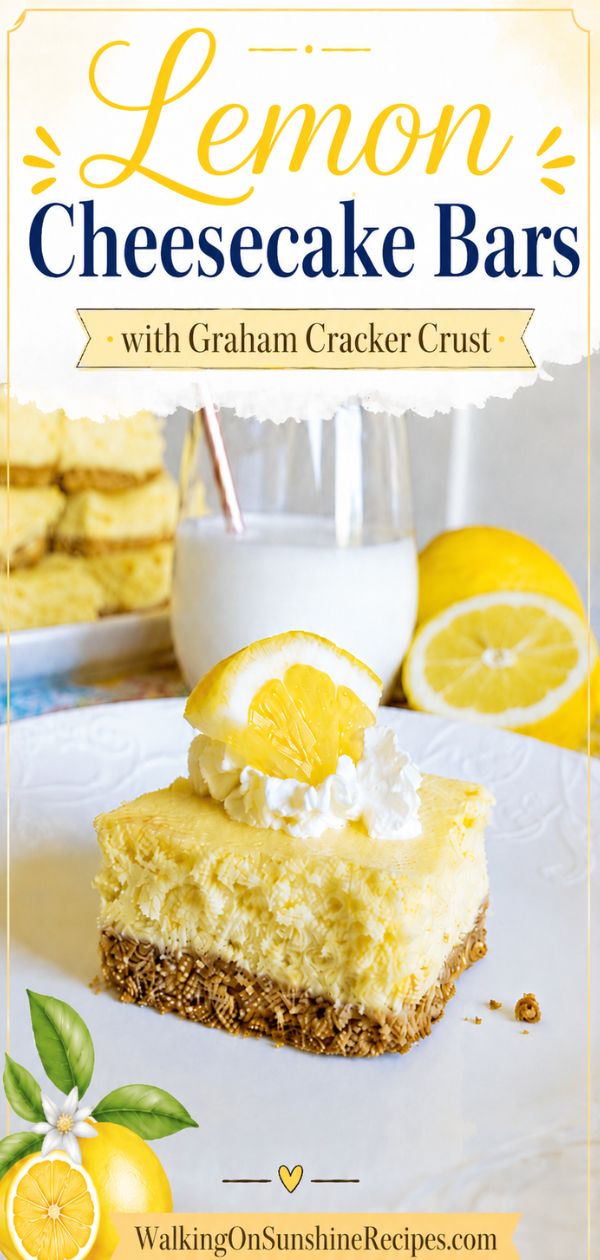 Lemon cheesecake bars with graham cracker crust, fresh lemon garnish, and recipe title overlay.