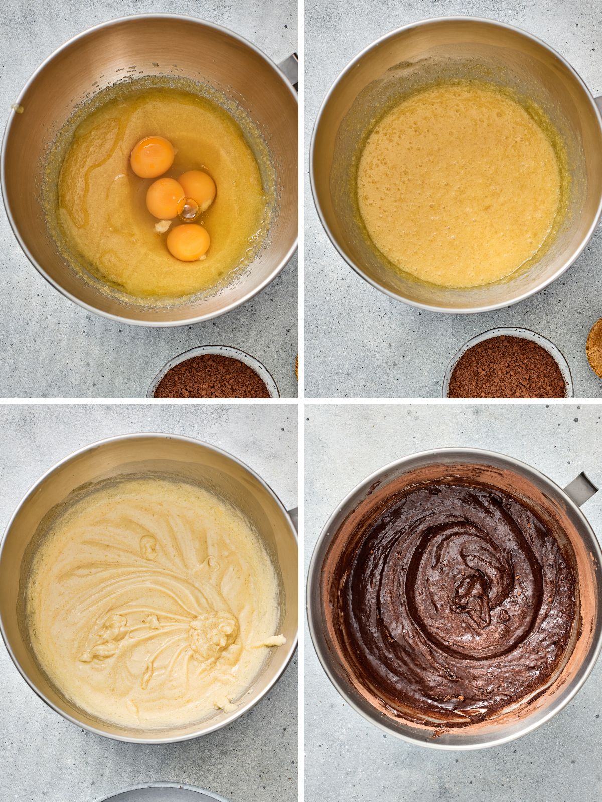 Step-by-step collage showing how to mix brownie batter for homemade American Flag Brownies.