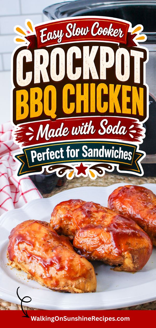 3 chicken breasts with barbecue sauce cooked in the slow cooker on a white plate with a bottle of soda behind.